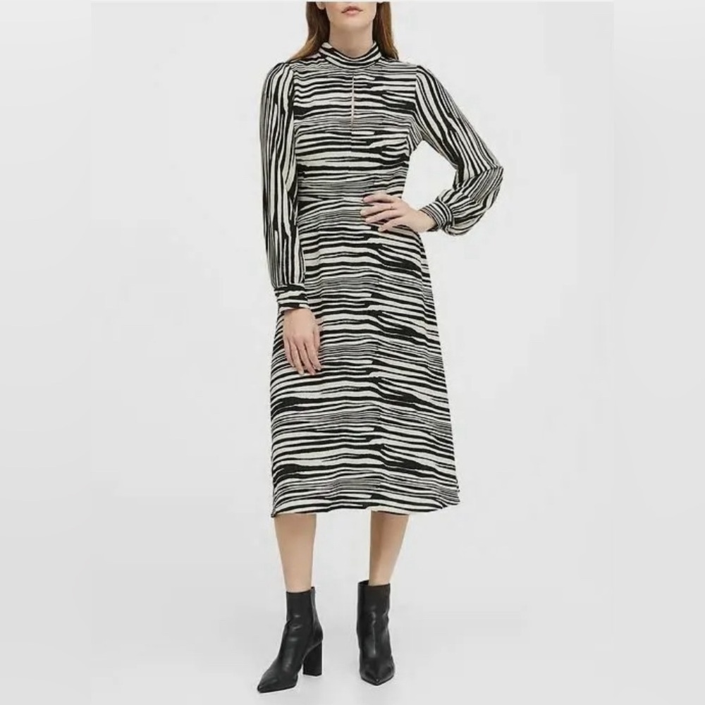 New Banana Republic Black White Zebra Print Mock Neck Long Sleeve Midi Dress 2